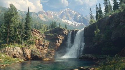 Aufkleber - Majestic Rocky Mountain Waterfall Surrounded by Lush Greenery and Scenic Mountain Peaks