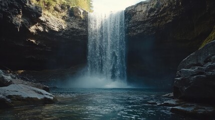 Aufkleber - Majestic waterfall cascading into tranquil pool surrounded by rocky cliffs in serene provincial park landscape.