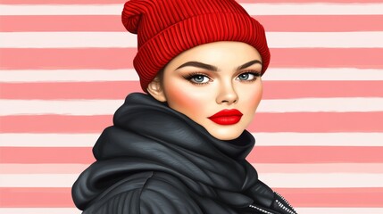 Poster - Energetic pop art portrait with striped shadows and bold red lips
