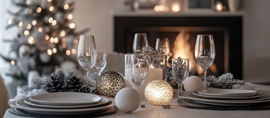 Fototapete - Elegant Christmas dining room with festive table settings, cozy fireplace, snowy accents, and beautifully decorated tree for seasonal celebrations