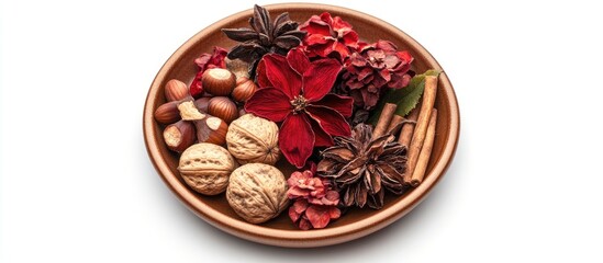 Poster - Dried tropical forest flowers nuts and fruits in ceramic plate decorative arrangement isolated on white background macro photography