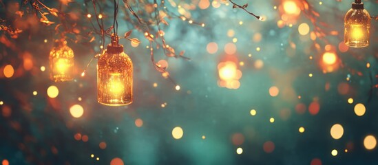 Poster - Festive illumination with glowing lanterns and soft light spots on a dark pastel backdrop for web design and holiday themes