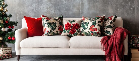 Fototapete - Cozy sofa adorned with festive Christmas decorations creating a warm holiday atmosphere in a beautifully styled living room