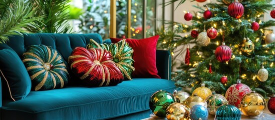Fototapete - Vibrant Christmas decorations with colorful ornaments and festive pillows creating a cozy holiday atmosphere in a modern living room