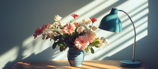 Poster - Elegant flower arrangements illuminated by soft sunlight and a blue lamp, perfect for minimalist home decor inspiration and aesthetic enhancement.