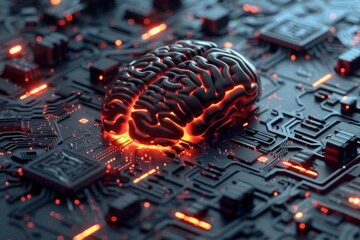 Poster - 3d rendering of an artificial intelligence brain glowing on a motherboard circuit, symbolizing machi