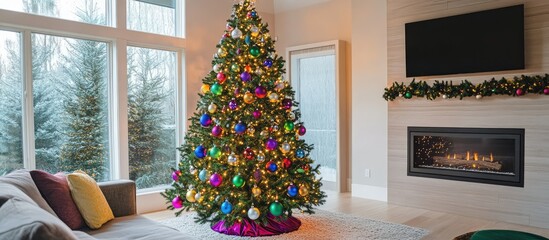 Fototapete - Cozy modern living room featuring a festive Christmas tree decorated with colorful ornaments and warm lighting for a welcoming holiday atmosphere