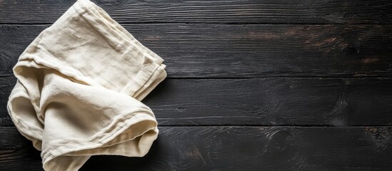 Poster - Rustic dining setting with folded napkin and kitchen towel on a black wooden surface emphasizing a cozy and inviting atmosphere