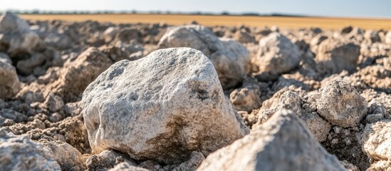 Poster - Pumice stone field perspective showcasing natural textures and geological features in an arid landscape under clear blue skies.