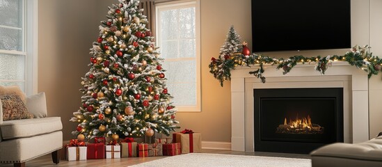 Fototapete - Festively adorned Christmas tree with lights and ornaments creating a warm holiday atmosphere in a cozy living room setting