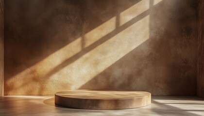 Poster - Luxury Product Placement Mockup: Brown Podium Stage In Neutral Aesthetic Empty Room With Earthy Tone Wall And Shadow Light Home Interior Showroom