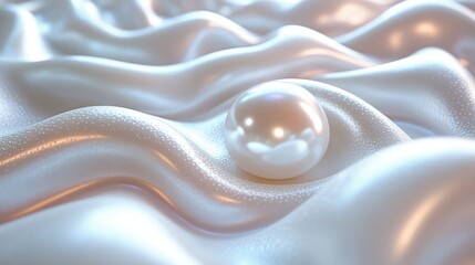 Poster - Lustrous white pearl resting on smooth satin fabric surface with subtle waves and elegant sheen creating a luxurious and serene background