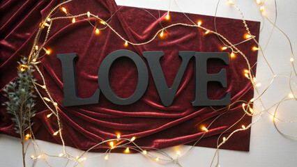 Wall Mural - Glowing Valentine's LOVE Scene with Red Background and Fairy Lights