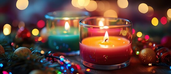 Poster - Colorful candles and twinkling lights create a festive ambiance for New Year celebrations with holiday decorations and vibrant ornaments.