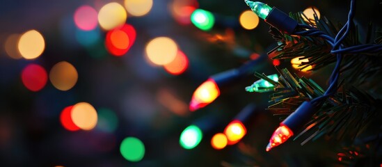 Poster - Colorful festive lights illuminating a dark background creating a beautiful bokeh effect ideal for web design and seasonal decorations.