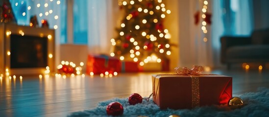 Fototapete - Cozy Christmas interior featuring a decorated tree, colorful gifts, and twinkling lights for a warm holiday ambiance