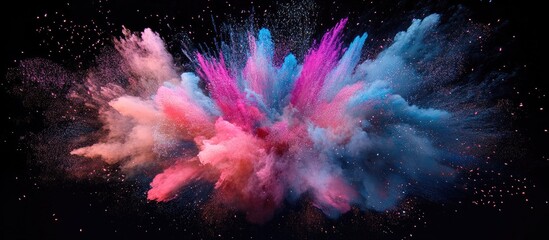 Poster - Colorful explosion of powder showcasing vibrant hues of pink, blue, and orange against a dark background representing celebration and creativity
