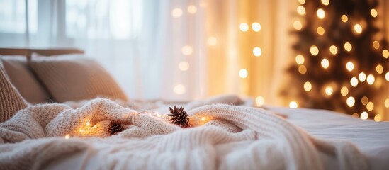 Fototapete - Cozy Christmas bedroom with festive decorations and warm ambient lights creating a serene holiday atmosphere