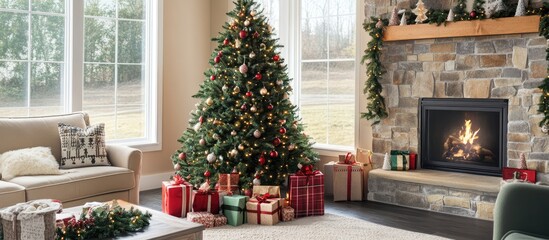 Fototapete - Cozy living room with festive Christmas tree sparkling lights and beautifully wrapped holiday gifts creating a warm winter atmosphere