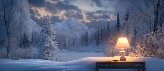 Poster - Winter landscape with a snowy scene featuring a cozy table lamp illuminating a serene atmosphere amidst frosty mountains and trees.