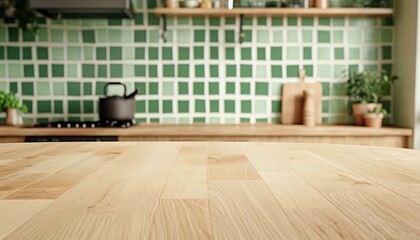 Poster - Light Hardwood Table Surface In Kitchen With Green And White Mosaic Walls, Wooden Consoles, And Cooker: Providing Ample Copy Space.