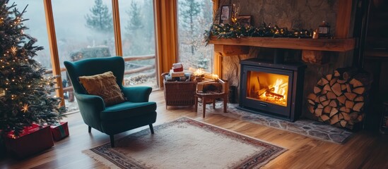 Fototapete - Cozy living room featuring a decorated fir tree and a warm fireplace creating a festive atmosphere during the holiday season