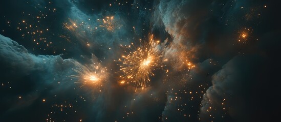 Poster - Vibrant fireworks burst through a dark night sky creating a stunning display of light and color against the backdrop of clouds.