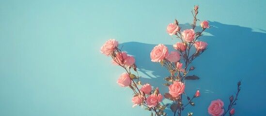 Poster - Pink rose composition for a postcard with a blue background showcasing minimalism and soft focus empty space for text or design.
