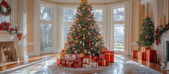 Fototapete - Elegant Christmas tree with colorful ornaments and twinkling lights set in a beautifully decorated room surrounded by wrapped gifts