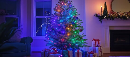 Fototapete - Festively illuminated Christmas tree with vibrant lights and beautifully wrapped gifts creating a warm holiday ambiance in a cozy setting