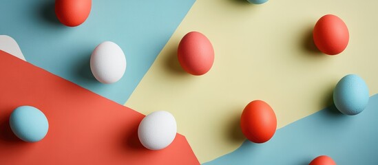 Poster - Colorful flat lay of painted eggs on a geometric background with empty space for text ideal for seasonal promotions or celebrations