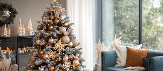 Fototapete - Festively adorned Christmas tree with sparkling ornaments and cozy interior perfect for celebrating the holiday season