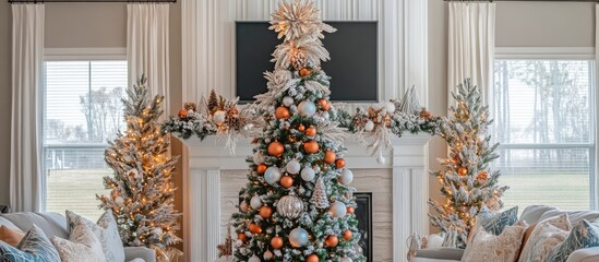 Fototapete - Elegant Christmas tree with vibrant ornaments and charming decor, beautifully positioned beside a decorated fireplace in a festive living room.