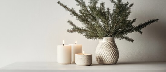 Poster - Fir tree candles with decorative vase on a minimalist white backdrop creating a serene and cozy atmosphere for interior styling.