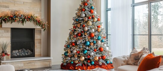 Fototapete - Elegant holiday tree adorned with colorful ornaments and lights enhancing a cozy festive atmosphere in a modern living room setting