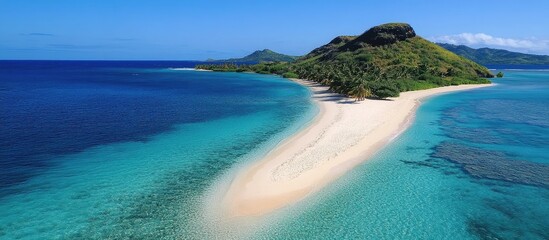 Poster - Scenic aerial view of a pristine beach in Fiji showcasing crystal clear waters and lush green island surroundings