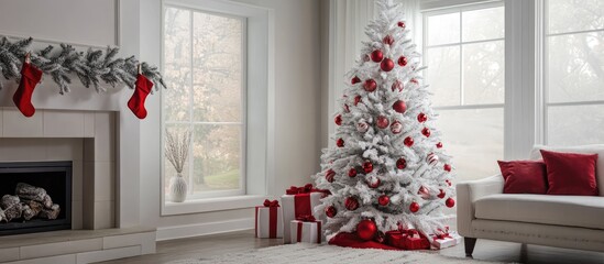 Fototapete - White Christmas tree decorated with red ornaments and gifts creating a cozy holiday atmosphere in a stylish living room setting.
