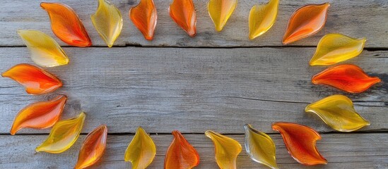 Poster - Colorful glass leaves in yellow and orange circular arrangement on rustic wooden background with empty copy space for design or text