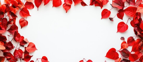 Poster - Red autumn leaves framing a white background creating a seasonal, natural border for invitations, fall themed designs and creative projects.