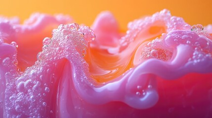 Poster - Colorful abstract liquid with bubbles and flowing shapes in pink and orange tones representing liquid spills and fluid dynamics