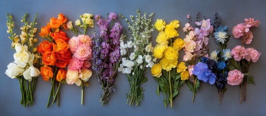 Poster - Vibrant array of assorted flowers in various colors arranged neatly on a flat surface showcasing their beauty and diversity