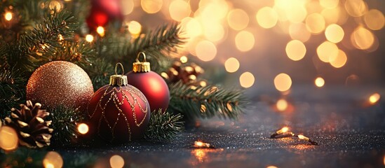Poster - Festive holiday scene with bokeh lights, elegantly arranged ornaments and pinecones for a warm seasonal atmosphere