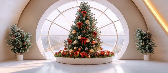 Fototapete - Festive holiday interior with a beautifully decorated fir tree and seasonal decor in a modern round window setting creating a cozy atmosphere