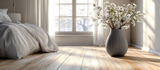 Poster - Minimalist bedroom decor with elegant flowers in a grey vase on wooden floor bathed in natural light from large windows