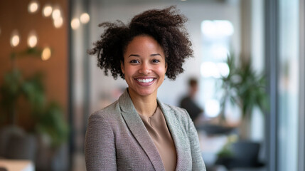 Professional woman smiling in modern office setting during daytime with people in background