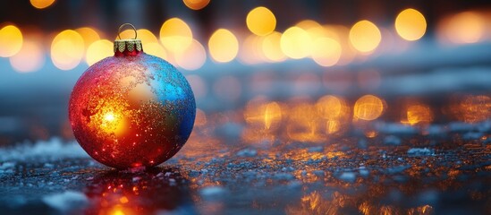 Poster - Colorful Christmas ornament on reflective surface with soft glowing lights in the background creating a festive holiday atmosphere.