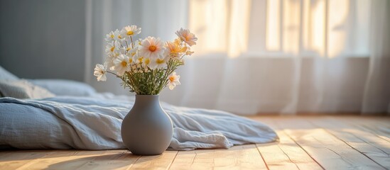 Poster - Elegant flowers in a grey vase on wooden floor enhancing minimalist bedroom decor with soft natural light streaming through the window