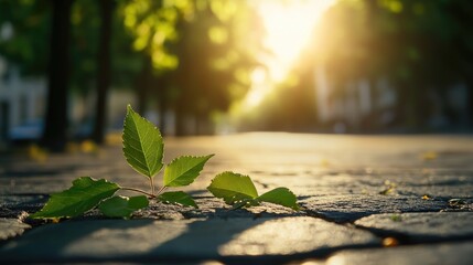Poster - Sunlight illuminating fresh green leaves on cobblestone pavement with a serene blurred background of trees and urban environment.