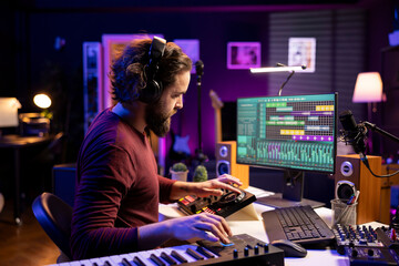 Leinwandbilder - sound engineer editing soundtracks and adjusting volume levels with daw software interface, working 