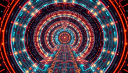 Poster - Futuristic tunnel with glowing neon tech patterns. Circular glowing tech designs create high tech future scene. Kaleidoscope abstract art style. Electric neon lights form particles in tunnel.